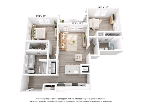Floor plan for 2 beds, 2 baths, 1130 sqft